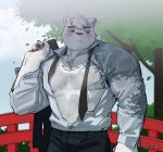  2019 absurd_res aggressive_retsuko anthro blush bottomwear clothed clothing fur hi_res male mammal necktie nipples open_shirt outside pants polar_bear sanrio shirota shirt solo ssu ssu_open topwear ursid ursine wet wet_clothing wet_shirt wet_topwear white_fur 