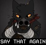 ambiguous_gender anthro bandage bandaged_arm black_body black_fur blood bodily_fluids casualties:_unknown colored_blood double_barrel_shotgun english_text expie_(gunsawian) fitzthesnowleopard fur grey_background gun gunsawian hi_res holding_gun holding_object holding_ranged_weapon holding_shotgun holding_weapon kerchief looking_at_viewer narrowed_eyes orange_blood orange_sclera pointing_gun pointing_gun_at_viewer ranged_weapon reaction_image red_kerchief shotgun signature simple_background solo text unusual_blood unusual_bodily_fluids weapon