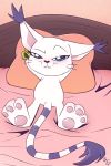  anthro bed bedroom_eyes bite biting_lip black_nose blue_eyes blush clothing digimon digimon_(species) felid feline female fuf fur gatomon gloves half-closed_eyes handwear hi_res lips lying mammal on_back pillow seductive self_bite solo whiskers white_fur 