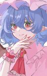  1girl ascot bat_wings blue_hair blush brooch closed_mouth collared_shirt commentary_request fingernails frilled_shirt_collar frills hat highres jewelry long_fingernails looking_at_viewer medium_hair mob_cap paint_chat_(medium) pink_hat pink_shirt pointy_ears red_ascot red_eyes red_nails red_wrist_cuffs remilia_scarlet shirt smile solo touhou upper_body wings wrist_cuffs yashikikoi 