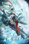  1girl absurdres animal_ears aqua_hair arcane_(arknights) arknights arknights:_endfield bird bird_ears bird_girl black_cape black_gloves blue_butterfly blue_eyes breasts bug butterfly cape commentary dvdarts elbow_gloves facial_mark floating floating_gun floating_object floating_weapon forehead_mark gloves head_wings highres long_hair multicolored_gloves on_weapon parted_lips red_gloves red_thighhighs small_breasts thighhighs two-sided_cape two-sided_fabric two-tone_cape wings 