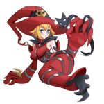  1girl absurdres alternate_breast_size_(larger) arm_support belt black_belt black_capelet black_cat blonde_hair blue_eyes boots breasts brooch capelet cat commentary digimon digimon_(creature) dress english_commentary eye_brooch hand_up hat high_heel_boots high_heels highres impossible_clothes impossible_dress invisible_floor jewelry large_hands long_dress looking_at_viewer lying mermaid_dress multiple_belts ninja_dave on_side oversized_limbs red_hat short_hair simple_background sleeveless sleeveless_dress smile white_background witch witch_hat witchmon 