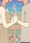 1boy 3girls ^^^ animal blue_dress blush brown_dress brown_hair brown_shirt collared_dress commentary_request covering_another's_eyes dog dress flying_sweatdrops full-face_blush hair_bun head_out_of_frame hetero hiding holding_another's_wrist juukyuu multiple_girls original outdoors pleated_dress shirt sleeveless sleeveless_dress sleeveless_shirt sunset translation_request tree white_shirt 