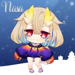  1girl ahoge anklet bike_shorts bilingual_commentary black_shorts blonde_hair blue_hair character_name chibi chibi_only choker closed_mouth colored_inner_hair commentary_request cowlick crescent crescent_earrings crying crying_with_eyes_open double-parted_bangs dragon_claw dragon_girl dragon_horns dragon_tail drawstring earrings english_commentary fang fish full_body grey_shirt hair_between_eyes highres hood hoodie horns jewelry long_sleeves looking_at_viewer mixed-language_commentary mole mole_on_shoulder multicolored_hair multicolored_hoodie multiple_anklets off-shoulder_shirt off_shoulder official_art padlocked_choker phase_connect pine_tree purple_choker purple_slippers red_claws red_eyes red_scales sad second-party_source shirt short_hair short_shorts shorts single_earring skin_fang sleeves_past_wrists slippers snow snow_sculpture snowflakes solo standing star-shaped_pupils star_(symbol) star_print starry_hair symbol-shaped_pupils tail tears tree utatane_nasa utatane_nasa_(nasa_1.0) variant_set virtual_youtuber wafflegrab wide_sleeves yellow_horns yellow_pupils yellow_scales yellow_tail zipper zipper_pull_tab 