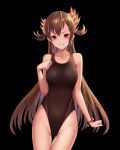  1girl ass_visible_through_thighs black_background black_swimsuit brown_hair collarbone competition_swimsuit cowboy_shot flat_chest galmieux_omen_of_disdain hair_ornament highres long_hair looking_at_viewer one-piece_swimsuit red_eyes shadowverse simple_background solo standing swimsuit thigh_gap tsurime yoyuki 