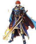  1boy arm_guards armor armored_boots bangs belt black_gloves blue_eyes boots cape eliwood_(fire_emblem) fire fire_emblem fire_emblem:_the_blazing_blade fire_emblem_heroes full_body gloves highres holding holding_cape holding_sword holding_weapon jewelry long_sleeves looking_at_viewer male_focus official_art pants red_hair shiny shiny_hair short_hair shoulder_armor smile solo standing sword tiara transparent_background wada_sachiko weapon 