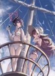  2girls ass bare_shoulders bikini black_hair black_horns blue_archive blue_halo blue_sky breasts camera chiaki_(blue_archive) chiaki_(swimsuit)_(blue_archive) cleavage closed_eyes commentary curved_horns demon_horns digital_camera fishnet_shrug flower fluffy_hair frilled_thigh_strap hair_between_eyes hair_bun halo hat hat_flower highres holding holding_camera horns iroha_(blue_archive) iroha_(swimsuit)_(blue_archive) kogure0012 long_hair medium_breasts multicolored_horns multiple_girls o-ring o-ring_bikini o-ring_top official_alternate_costume official_alternate_hairstyle one-piece_swimsuit open_mouth pink_one-piece_swimsuit pointy_ears red_eyes red_hair red_halo red_horns scrunchie see-through_clothes see-through_shrug ship shrug_(clothing) sidelocks single_hair_bun sky sun_hat swimsuit thigh_strap two-tone_horns watercraft white_bikini yellow_scrunchie 
