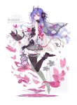  1girl absurdres ankle_cuffs black_cat black_choker black_gloves black_horns black_thighhighs blue_hair blue_pupils bow bug butterfly cat choker closed_mouth commission demon_girl demon_horns demon_tail full_body fur-trimmed_thighhighs fur_trim gloves gradient_horns gradient_tail heart heart-shaped_pupils highres holding holding_lantern horn_bow horn_ornament horns lantern leg_up lingerie long_hair mihuashi_commission multicolored_horns no_shoes original red_eyes red_horns sample_watermark solo sumiko_cheng symbol-shaped_pupils tail tail_bow tail_ornament thighhighs underwear veil watermark white_background white_bow 