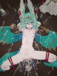 1girl absurdres after_sex after_vaginal animal_ears aqua_hair armlet ass_visible_through_thighs bird_ears black_gloves black_sleeves blue_wings blunt_ends bob_cut boots bound bound_legs bound_wrists breasts brown_boots bukkake cleft_of_venus commentary_request cum cum_bubble cum_in_mouth cum_in_nose cum_in_pussy cum_on_body cum_on_breasts cum_on_floor cum_on_hair cum_on_legs cum_on_stomach cum_on_tongue cum_pool cumdrip detached_sleeves double-parted_bangs elbow_gloves empty_eyes excessive_cum facial gloves hair_between_eyes hands_up head_wings high_heel_boots high_heels highres implied_after_rape jewelry juliet_sleeves kuroe_(last_period) large_head_wings last_period long_sleeves lying navel nipples nude on_back on_floor open_mouth pale_skin puffy_detached_sleeves puffy_sleeves pussy rawell_(rawell1596) red_rope rope shoes short_hair skindentation skirt small_breasts solo spread_legs unworn_clothes unworn_skirt wings wooden_floor 