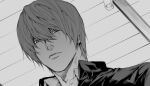  1boy adam's_apple closed_mouth commentary_request death_note dress_shirt from_below greyscale hair_between_eyes jacket looking_at_viewer male_focus monochrome ruttika_shin shirt short_hair solo yagami_light 