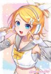  1girl bare_shoulders blonde_hair blue_eyes bow bowtie breasts commentary_request fang gloves grey_sailor_collar grey_sleeves headphones index_finger_raised kagamine_rin kagamine_rin_(nt) midriff navel open_mouth piapro_studio pointing pointing_at_self ponytail reki_(arequa) ribbed_gloves sailor_collar sailor_jacket see-through_sleeve_layer shirt short_hair short_ponytail shorts skin_fang small_breasts solo twitter_username vocaloid white_bow white_gloves white_shirt white_shorts wing-shaped_bow yellow_bow yellow_bowtie yellow_nails z_hair_ornament 