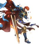 1boy arm_guards armor armored_boots belt black_gloves blue_eyes boots broken_armor cape closed_mouth eliwood_(fire_emblem) fire fire_emblem fire_emblem:_the_blazing_blade fire_emblem_heroes full_body gloves highres holding holding_sword holding_weapon jewelry long_sleeves male_focus official_art pants red_hair scar shiny shiny_hair short_hair shoulder_armor solo sword tiara torn_cape torn_clothes transparent_background wada_sachiko weapon white_pants 