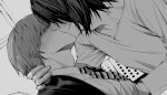  2boys adam's_apple blush death_note dress_shirt fingernails french_kiss from_side greyscale hand_on_another's_nape hand_on_another's_neck hand_under_clothes implied_nipple_stimulation jacket kiss l_(death_note) long_sleeves lowres male_focus monochrome multiple_boys necktie ruttika_shin shirt short_hair suit_jacket yagami_light yaoi 