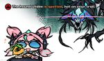  1girl :d al_7xyz aria_(human)_(zenless_zone_zero) aria_(zenless_zone_zero) bangboo_(zenless_zone_zero) blue_eyes chibi english_text ethereal_(zenless_zone_zero) gameplay_mechanics glint hair_between_eyes highres impending_doom notice_lines open_mouth pink_hair quad_tails smile ulidim_(zenless_zone_zero) zenless_zone_zero 