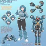  1girl blue_hair braid breasts character_name character_profile claws collared_shirt commentary english_commentary english_text hair_ornament highres humanization lightning2195 long_hair mega_metagross mega_pokemon mega_stone metagross open_mouth original pants poke_ball pokedex pokedex_number pokemon red_eyes shirt short_hair solo twitter_username ultra_ball 