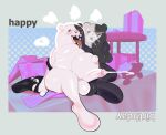 2026 anthro balls bear black_balls black_body bodily_fluids box container danganronpa ejaculation featureless_feet feet genitals gift_box hi_res humanoid_genitalia humanoid_penis male mammal monokuma multicolored_body navel nude_anthro nude_male penis plushie saliva saliva_on_tongue solo spike_chunsoft submarine_screw sweat tongue tongue_out two_tone_body white_balls white_body