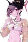 1girl bikini black_hair black_horns blue_archive breasts chiaki_(blue_archive) chiaki_(swimsuit)_(blue_archive) cleavage clothes_lift commentary curved_horns demon_horns fishnet_shrug hair_between_eyes hair_bun hair_ornament hair_scrunchie halo highres horns kuronagasu_ir long_hair looking_at_viewer medium_breasts navel o-ring o-ring_bikini o-ring_top official_alternate_costume official_alternate_hairstyle open_mouth pointy_ears red_eyes red_halo scrunchie see-through_clothes see-through_shrug shrug_(clothing) simple_background single_hair_bun solo swimsuit white_background white_bikini yellow_scrunchie yellow_shrug 