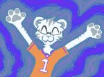 2026 ^_^ ^w^ abstract_background ambiguous_gender anthro clothing demensa digital_media_(artwork) eyes_closed eyewear fangs felid fur glasses grey_inner_ear grey_nose grey_pawpads grey_stripes half-length_portrait happy hi_res male male_anthro mammal multicolored_body multicolored_fur orange_clothing orange_shirt orange_t-shirt orange_topwear pantherine pawpads pixel_(artwork) portrait raised_arms shirt smile solo stripes t-shirt teeth tiger topwear two_tone_body two_tone_fur white_body