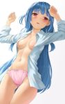  1girl bangs blue_hair blush breasts collarbone eyebrows_visible_through_hair fingernails furrowed_eyebrows highres kotonoha_aoi kurione_(zassou) long_hair long_sleeves navel one_side_up open_clothes open_mouth open_shirt panties pink_eyes pink_panties pink_ribbon ribbon shirt small_breasts solo sweat underwear very_long_hair voiceroid white_shirt 