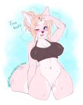  anthro blush bodily_fluids bottomless breasts canid canine clothed clothing female kitsunewaffles-chan mammal nipple_outline open_mouth pussy solo sweat tight_clothing wide_hips 