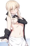  1girl apron artoria_pendragon_(all) artoria_pendragon_(swimsuit_rider_alter) black_jacket blonde_hair breasts commentary_request eyebrows_visible_through_hair fate/stay_night fate_(series) hair_between_eyes jacket long_sleeves looking_at_viewer medium_breasts navel ribbon saber_alter shiseki_hirame short_hair simple_background solo standing white_apron white_background yellow_eyes 