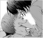  2boys adam's_apple after_kiss blood blood_on_face blush border commentary death_note dress_shirt face-to-face greyscale hand_on_another's_chin l_(death_note) lips long_sleeves male_focus monochrome multiple_boys necktie nose nosebleed ruttika_shin saliva saliva_trail shirt short_hair simple_background sweat tongue tongue_out untranslatable_commentary white_background white_border yagami_light yaoi 