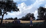  1girl artist_name brown_hair cloud cloudy_sky collarbone dead-robot farm fence grass hair_ornament hand_up naked_overalls original outdoors overall_skirt overalls pitchfork rural scenery short_hair sky solo tractor tree watermark 