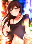  1boy absurdres black_shirt blurry blurry_background brown_eyes brown_hair bubble_tea collarbone cup disposable_cup highres holding holding_cup kira.s long_hair looking_at_viewer navel original otoko_no_ko outdoors shirt smile solo spaghetti_strap standing upper_body v 