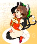  1girl 2019 animal_ear_fluff animal_ears bell bow brown_hair cat_ears cat_tail chen chinese_clothes elbow_gloves eyebrows_visible_through_hair fang gloves happy_new_year hat high_heels jewelry kneeling looking_at_viewer mob_cap multiple_tails navel nekomata nengajou new_year no_panties no_pants paw_pose red_footwear red_vest short_hair single_earring solo tail thighhighs thighs torque touhou two_tails vest yellow_eyes 