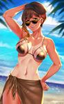  1girl asymmetrical_hair bikini blue_eyes blue_sky breasts cleavage cloud coco_adel dutch_angle hand_on_hip highres lulu-chan92 medium_breasts navel ocean palm_leaf rwby sarong shore short_hair sky smile solo sunglasses swimsuit tan tanline thighs water 