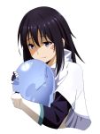  1girl black_hair blue_eyes capelet closed_mouth facial_mark gloves hug izawa_shizue long_hair long_sleeves rimuru_tempest rizuta shiny shiny_hair simple_background smile tensei_shitara_slime_datta_ken white_background white_capelet white_gloves 