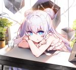  +_+ 1girl arm_pillow azur_lane bangs bare_shoulders bendy_straw blue_eyes commentary_request crossed_arms cube cup double_bun dress drinking_glass drinking_straw eyebrows_visible_through_hair ice le_malin_(azur_lane) long_hair looking_at_viewer plant potted_plant pout raiou sleeveless solo sundress symbol-shaped_pupils table white_hair 