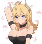  1girl arm_behind_head arm_strap black_dress blonde_hair blue_eyes bowsette breasts cleavage closed_mouth collar collarbone dress fang fang_out hair_between_eyes large_breasts long_hair mario_(series) rizuta shiny shiny_hair solo strapless strapless_dress super_crown super_mario_odyssey upper_body white_background 