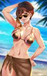  1girl asymmetrical_hair bikini blue_eyes blue_sky breasts cleavage cloud coco_adel dutch_angle hand_on_hip highres lulu-chan92 medium_breasts navel ocean palm_leaf rwby sarong shore short_hair sky smile solo sunglasses swimsuit thighs water 