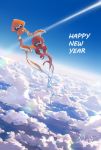  2others artist_name blue_sky cloud cloudy_sky day english_text flying happy_new_year highres horizon inkling multiple_others new_year no_humans octoling octopus outdoors paint_splatter prat_rat signature sky splatoon_(series) splatoon_2 squid 