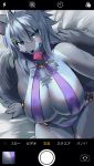  accessory ahoge anthro bed big_breasts blue_eyes blue_hair blush bra breasts camera_view canid canine canis chest_tuft clothed clothing condom condom_in_mouth dutch_angle female fur grey_fur hair hair_accessory hairclip hi_res high-angle_view huge_breasts kemono looking_at_viewer mammal multicolored_fur nukochi on_bed panties selfie sitting skimpy smile solo tuft two_tone_fur underwear voluptuous wolf 