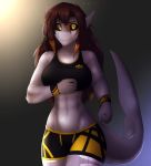  2019 5_fingers anthro black_sclera breasts clothed clothing digital_media_(artwork) female fingers fish hi_res looking_at_viewer marine midriff non-mammal_breasts shark smile solo standing xaenyth yellow_eyes 