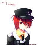  1boy black_headwear black_jacket black_neckwear collared_shirt epaulettes epic_battle_fantasy hat highres iron_cross jacket lance_(epic_battle_fantasy) looking_at_viewer male_focus metyuu military military_hat military_uniform necktie red_hair shirt signature simple_background skull_hat_ornament solo uniform white_background yellow_shirt 