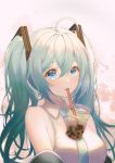  1girl ahoge bangs bare_shoulders black_sleeves blue_eyes blush breasts bubble_tea bubble_tea_challenge collared_shirt commentary cup detached_sleeves disposable_cup drinking_straw eyebrows_visible_through_hair green_hair green_neckwear hair_between_eyes hair_ornament hatsune_miku long_hair looking_at_viewer medium_breasts necktie object_on_breast parted_lips shirt sidelocks sleeveless sleeveless_shirt solo twintails upper_body vocaloid white_shirt zain_(jiha3905) 