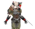 1girl adapted_costume arm_blade armor azur_lane black_gloves blonde_hair breasts brown_eyes cosplay crossover doom_(2016) doom_(game) doom_eternal doomguy doomguy_(cosplay) gloves hair_between_eyes hair_ornament iron_cross large_breasts looking_at_viewer lowres multicolored_hair mussolini_pepperoni pun red_hair roon_(azur_lane) short_hair shoulder_cannon streaked_hair weapon 