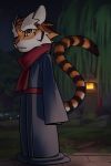  2:3 anthro black_ears black_fur black_stripes black_tail blue_clothing cheek_tuft clothed clothing dipstick_tail eyebrows felid full-length_portrait fur hi_res katahane3 long_sleeves looking_at_viewer male mammal multicolored_tail night night_sky orange_fur orange_tail outside pantherine pink_nose portrait red_clothing solo star striped_fur striped_tail stripes thick_eyebrows tiger tuft white_ears white_eyebrows white_fur 