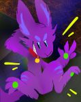  abstract_background action_lines action_pose ambiguous_gender canid canine collar featureless_crotch flat_colors fur gallil gallil_(character) green_paws hand_gesture jumping lagomorph lineless mammal monster multicolored_fur pose purple_fur smile solo two_tone_fur vertical_bar_eyes 