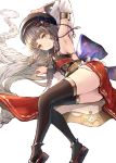  1girl absurdly_long_hair arm_up armpits back_bow bangs bare_shoulders belt black_headwear black_legwear blue_bow blunt_bangs blush bow braid breastplate closed_mouth detached_sleeves feet_out_of_frame frills granblue_fantasy hanamuke hand_on_headwear highres long_hair long_sleeves looking_at_viewer lying multiple_braids on_side pholia red_skirt simple_background skirt smile solo thick_eyebrows thighhighs thighs very_long_hair white_background white_sleeves wide_sleeves 