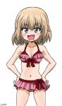  1girl bikini bikini_skirt blonde_hair blush breasts cleavage collarbone eyebrows_visible_through_hair fang girls_und_panzer hands_on_hips highres katyusha ken_(haresaku) looking_at_viewer medium_breasts navel open_mouth pink_bikini pink_skirt shiny shiny_hair shiny_skin short_hair simple_background skirt smile solo swimsuit swimwear tongue white_background 