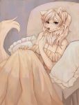  absurd_res anthro blush breasts canid canine canis cleavage clothed clothing dress female fur heterochromia hi_res inner_ear_fluff lapinou light_fur light_theme looking_at_viewer mammal pillow sitting smile snout solo wolf 
