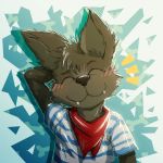  1:1 2019 ^_^ abstract_background bandanna black_fur blush canid canine canis clothing cub dakka dakkawoof embarrassed eyes_closed fangs fur male mammal multicolored_fur neckerchief shirt smile topwear two_tone_fur wolf young 