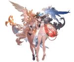  2girls :d bandeau bare_legs bikini black_hair blue_eyes breasts choker cleavage closed_mouth dark_skin eyewear_on_head flower full_body granblue_fantasy harut_(granblue_fantasy) hat hat_flower innertube large_breasts light_brown_hair long_hair marut_(granblue_fantasy) minaba_hideo multiple_girls navel off_shoulder official_art open_mouth sandals shirt smile standing sunglasses swimsuit tied_shirt transparent_background very_long_hair wings 
