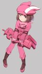  1girl boots brown_eyes brown_footwear brown_hair closed_mouth gloves grey_background invisible_chair jacket llenn_(sao) looking_at_viewer military military_jacket military_uniform p-chan_(p-90) pants pink_gloves pink_headwear pink_jacket pink_pants pink_scarf rizuta scarf short_hair simple_background sitting smile solo sword_art_online sword_art_online_alternative:_gun_gale_online uniform 
