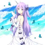  1girl ahoge animal azur_lane bare_shoulders black_bow black_ribbon blue_sky blush bow breasts bug butterfly closed_mouth cloud cloudy_sky commentary day dress elbow_gloves gloves hair_bun hair_ribbon heart insect long_hair one_side_up purple_eyes purple_hair ribbon rocm_(nkkf3785) side_bun sky sleeveless sleeveless_dress small_breasts smile solo stuffed_alicorn stuffed_animal stuffed_toy twitter_username unicorn_(azur_lane) very_long_hair white_dress white_gloves 
