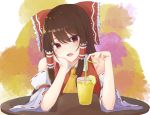  1girl abstract_background armpit_crease bare_shoulders bow brown_hair cravat cup detached_sleeves drinking_glass drinking_straw elbow_rest eyebrows_visible_through_hair food fruit hair_between_eyes hair_bow hair_tubes hakurei_reimu head_in_hand head_rest head_tilt highres lemon lemon_slice lemonade long_hair looking_at_viewer open_mouth red_eyes red_vest ribbon-trimmed_sleeves ribbon_trim sidelocks solo table teeth touhou vest yellow_neckwear z_loader 